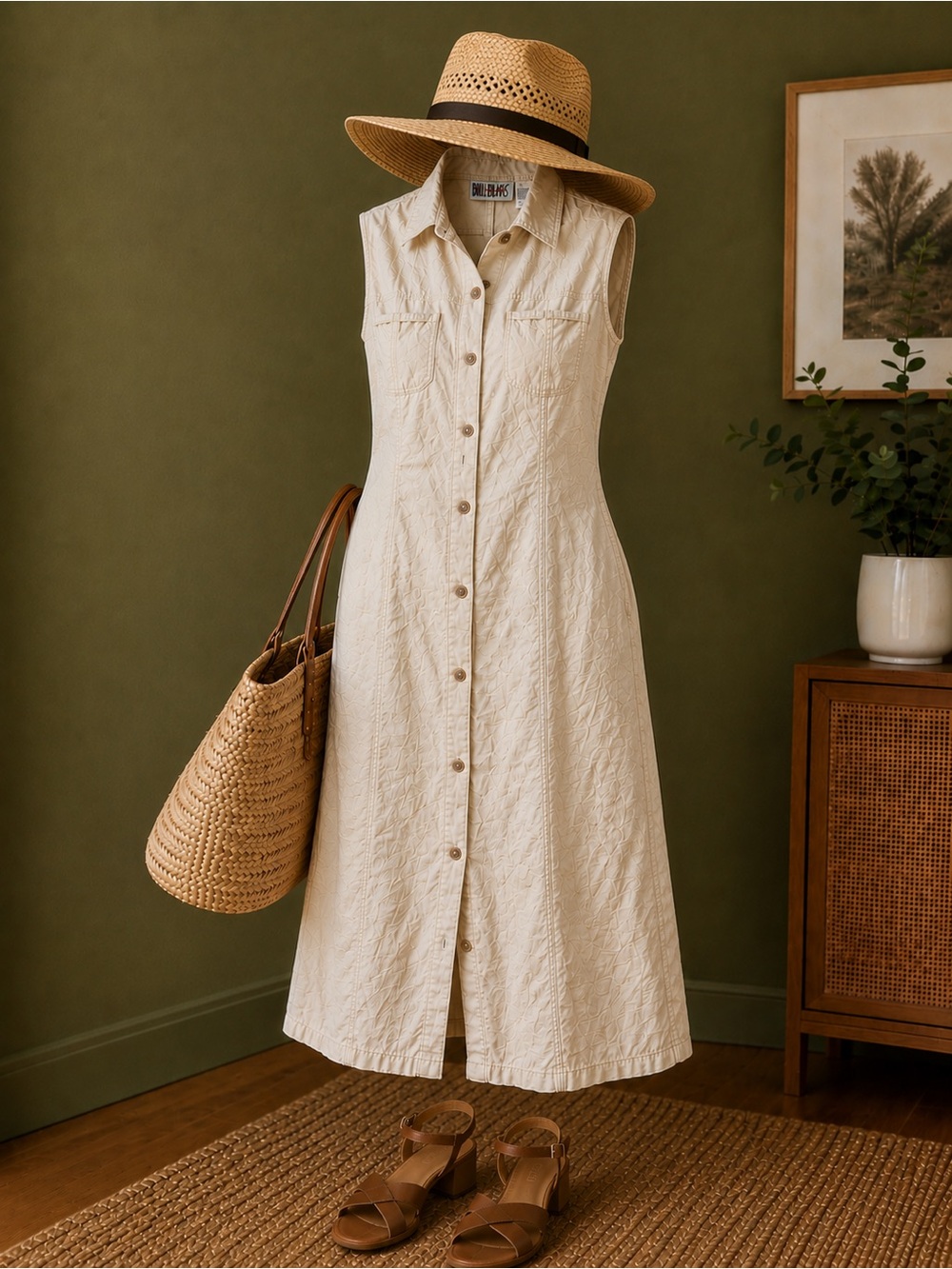 bill blass Cream Sleeveless Button-Front Midi Dress